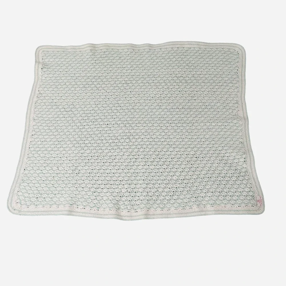 Vintage Baby Blanket Throw Crochet Afghan Unisex White‎ Green Crib 34 X 40